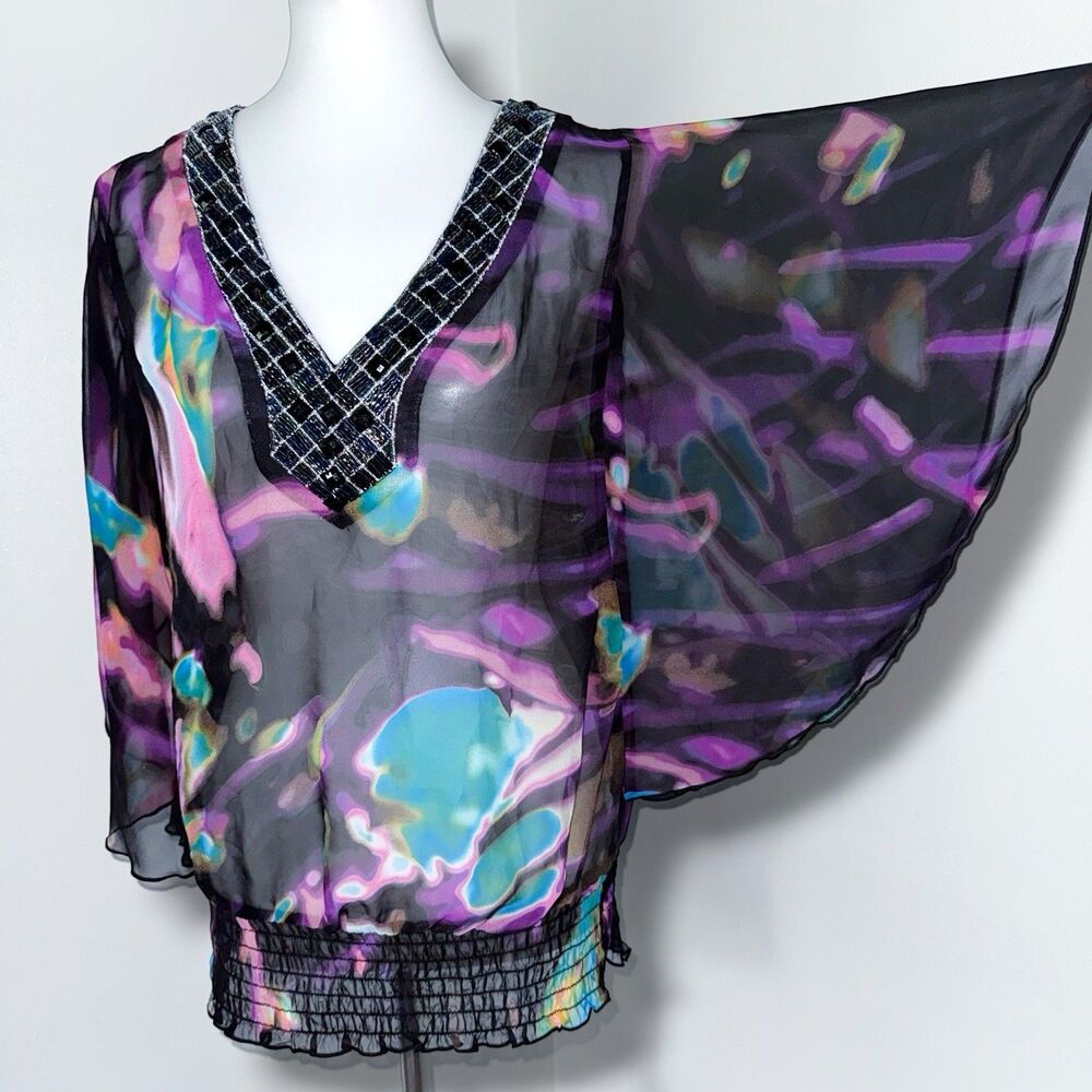 Women's Vtg Y2K Studio Y Sz M Beaded Sheer Butterfly Top Topper Flutter Sleeve